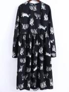 Romwe Black Cat Print Knee Length Dress