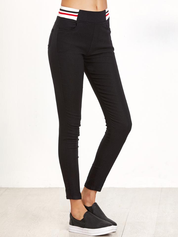 Romwe Black Striped Trim Elastic Waist Pants
