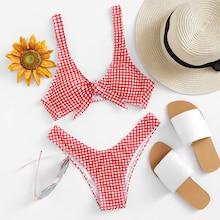 Romwe Gingham Knot Front Top With High Leg Bikini Set