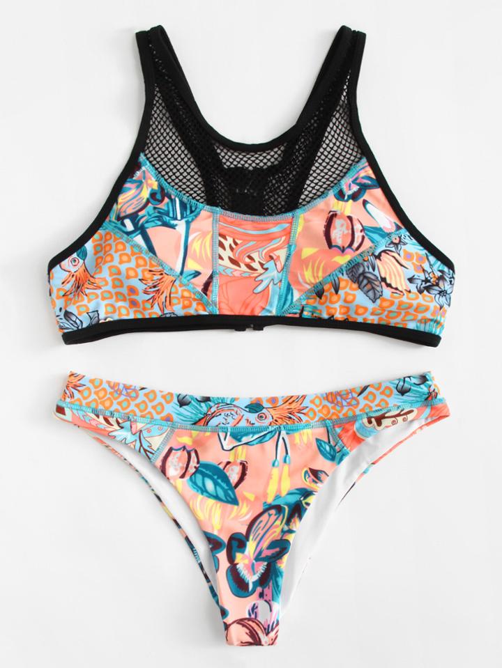 Romwe Contrast Net Flower Print Bikini Set