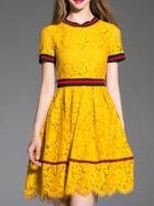 Romwe Yellow Crew Neck Lace A-line Dress