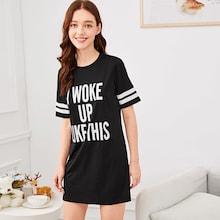 Romwe Slogan Print Striped Sleeve Night Dress