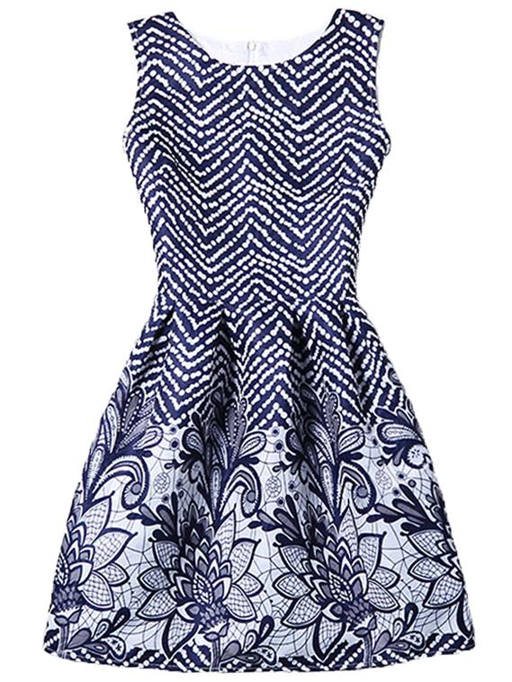 Romwe Chevron & Flower Print Fit & Flare Sleeveless Dress - Blue