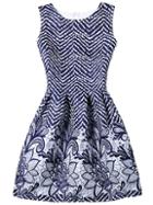 Romwe Chevron & Flower Print Fit & Flare Sleeveless Dress - Blue
