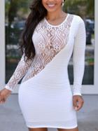 Romwe Asymmetric Lace Insert Textured Dress - White