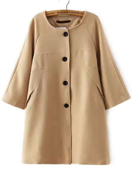 Romwe Round Neck Single-breasted Khaki Coat