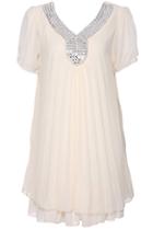 Romwe Diamante Pleated Apricot Short-sleeved Dress