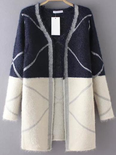 Romwe Color-block Diamond Fuzzy Long Coat