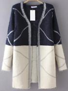 Romwe Color-block Diamond Fuzzy Long Coat