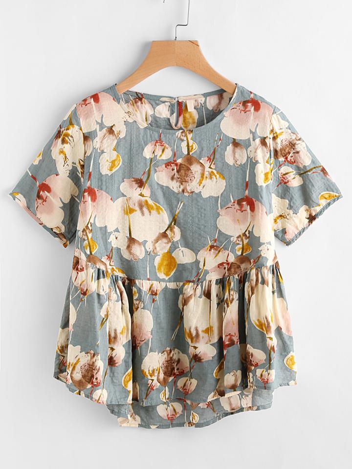 Romwe Allover Flower Print Smock Blouse