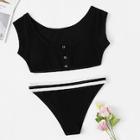 Romwe Eyelet Front Top With Striped Trim Bikini