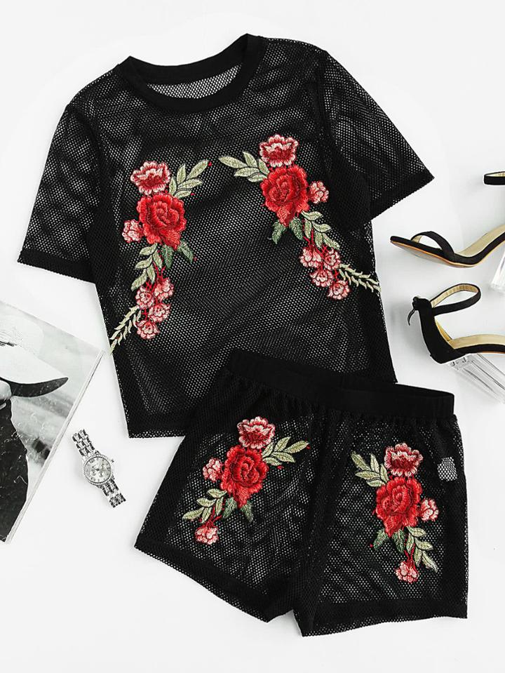 Romwe Embroidered Flower Applique Fishnet Top And Shorts Set