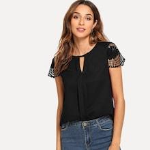 Romwe Keyhole Neck Guipure Lace Sleeve Top