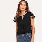 Romwe Keyhole Neck Guipure Lace Sleeve Top