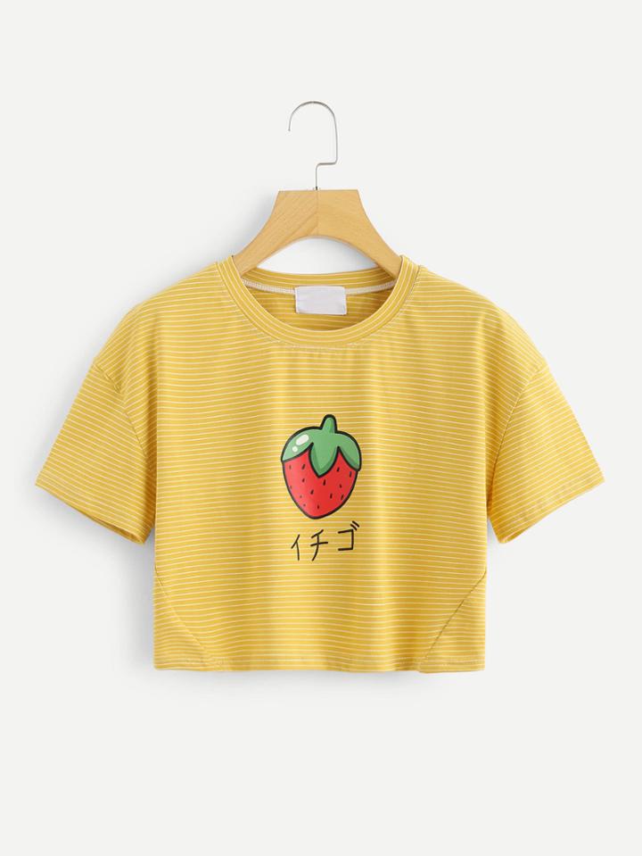 Romwe Strawberry Striped Crop Tee