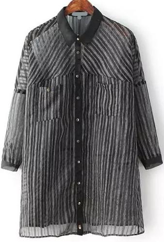 Romwe Lapel With Pockets Vertical Striped Black Blouse