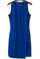Romwe Blue Sleeveless Zipper Asymmetrical Bodycon Dress