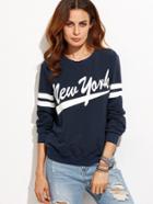 Romwe Navy Letter Print Varsity Striped Sleeve Sweatshirt