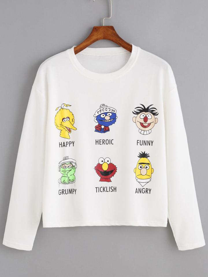 Romwe Cartoon Print White Sweatshirt