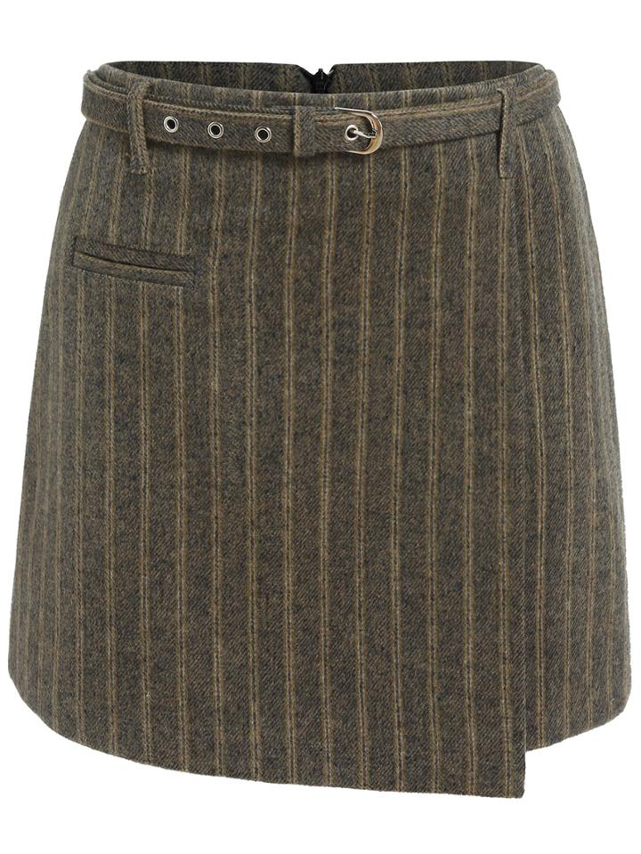 Romwe Vertical Striped Belt Wrapped Skirt