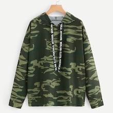 Romwe Plus Camo Print Drawstring Hoodie