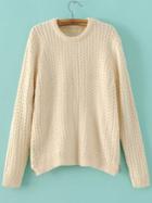 Romwe Beige Round Neck Side Zipper Cable Knit Sweater