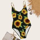 Romwe Random Sunflower Print Backless One Piece Swimwear