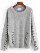 Romwe Long Sleeve Embroidered Ribbon Grey Sweater