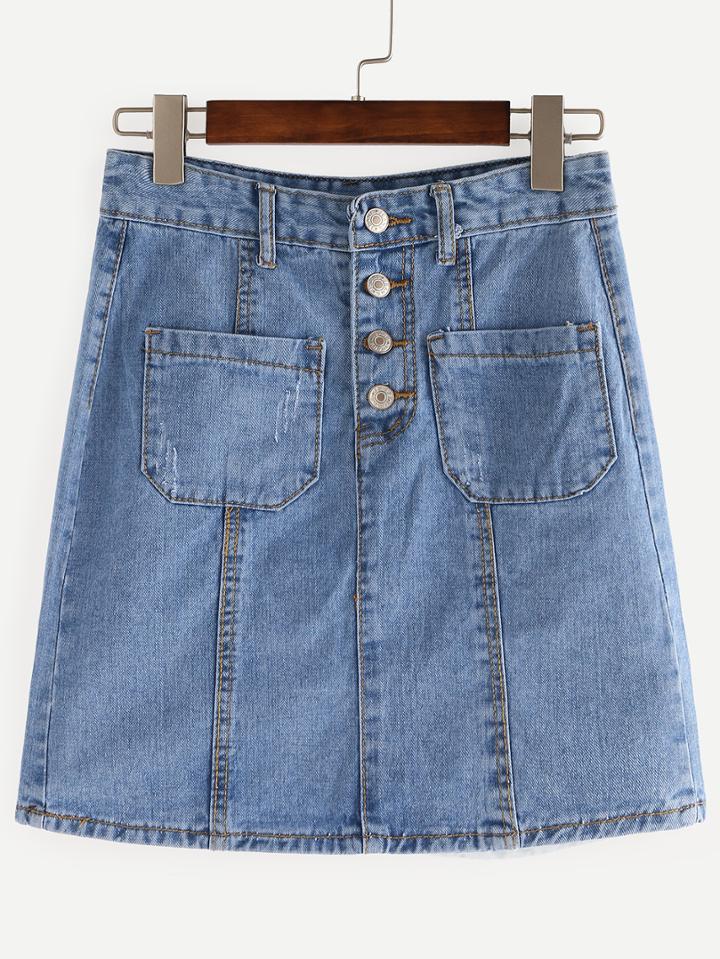Romwe Blue Buttons A-line Skirt With Pockets