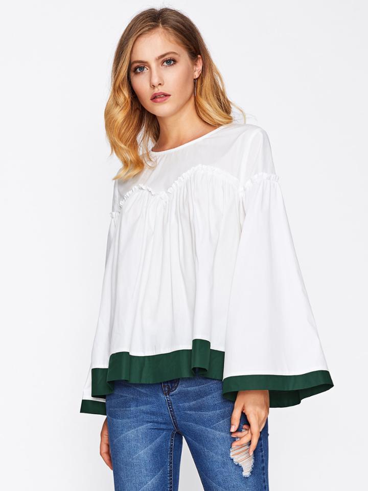 Romwe Contrast Trim Trumpet Sleeve Frilled Top