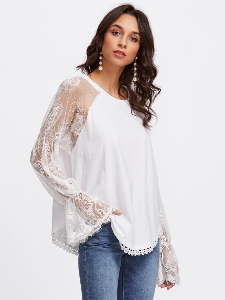 Romwe Mesh Lace Panel Fluted Sleeve Blouse