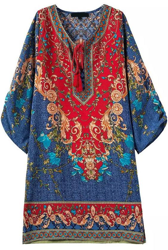 Romwe Lace Up Side Split Tribal Print Blue Dress