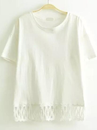 Romwe Contrast Lace Hem Hollow White T-shirt