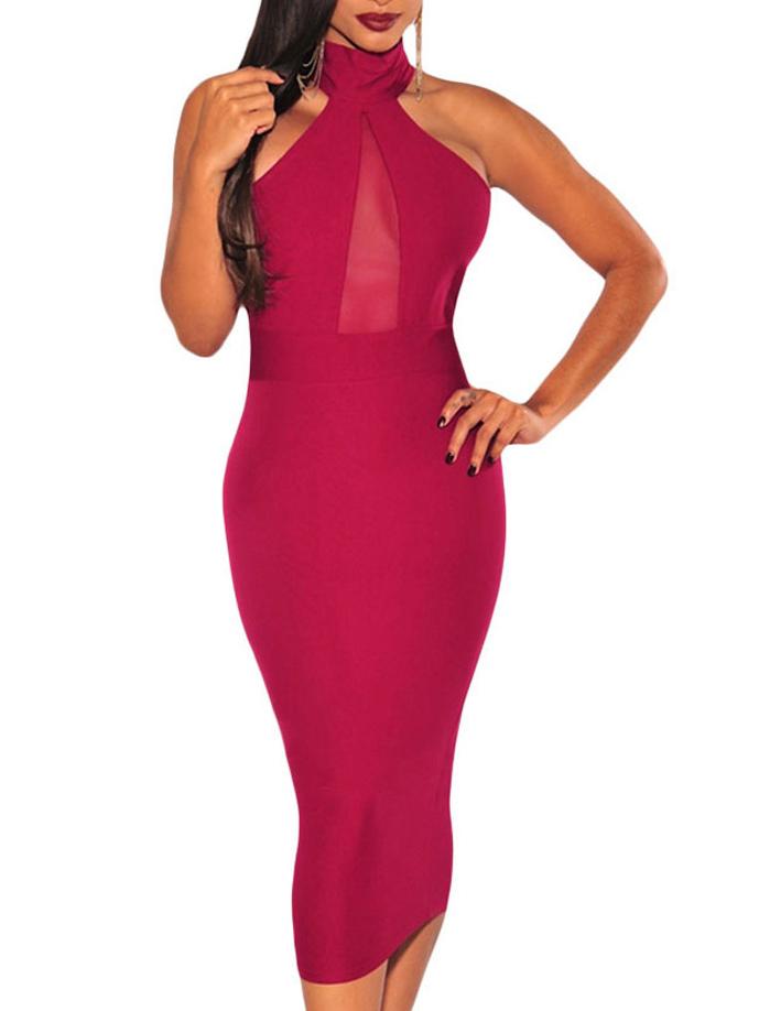 Romwe Hot Pink Halter Sheer Mesh Keyhole Back Pencil Dress