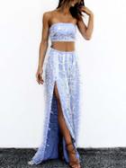 Romwe Blue Beaded Knotted Strapless Top With Split Skirt