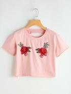 Romwe Rose Embroidered Cut Out Back Tee
