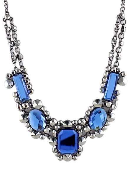 Romwe Blue Gemstone Silver Rivet Chain Necklace
