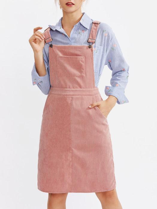 Romwe Pocket Front Cord Overall Dress