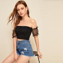 Romwe Contrast Lace Sleeve Off The Shoulder Blouse