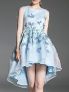 Romwe Blue Organza Embroidered High Low Dress