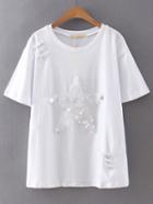 Romwe White Star Sequined Ripped T-shirt