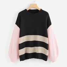Romwe Contrast Lantern Sleeve Striped Jumper