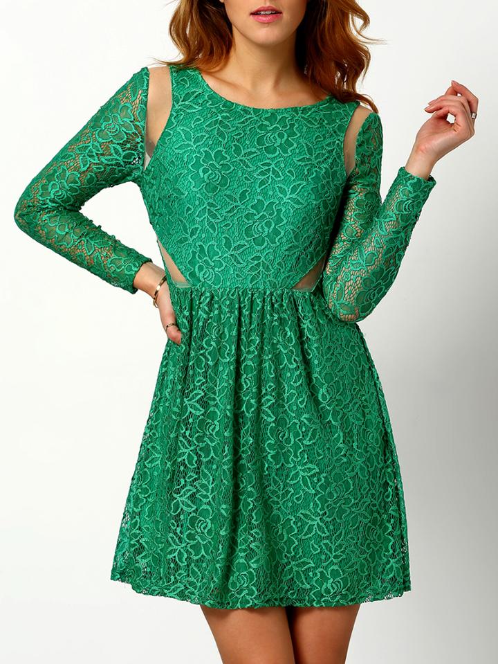 Romwe Sheer Mesh Insert Lace Pleated Dress