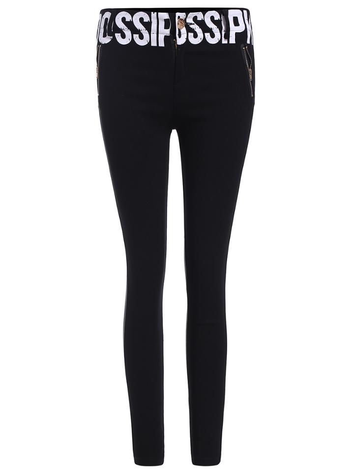 Romwe Letter Print Denim Slim Black Pant