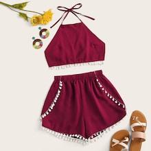 Romwe Pom Pom Hem Halter Top With Shorts
