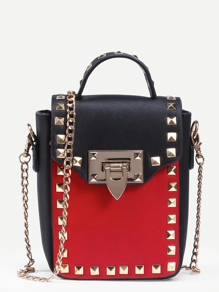 Romwe Contrast Studded Box Handbag With Chain
