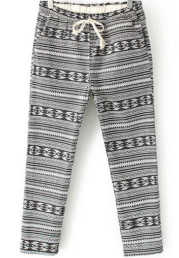 Romwe Drawstring Pocket Geometric Print Black Pant