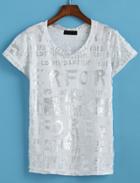 Romwe Letter Print Silver T-shirt