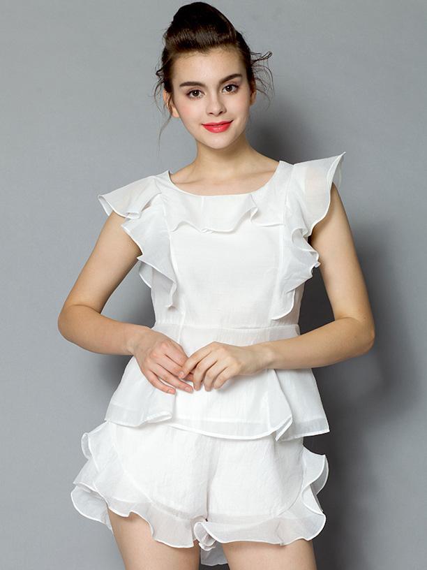 Romwe Cap Sleeve Organza Top With Ruffle Shorts