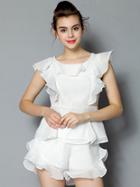 Romwe Cap Sleeve Organza Top With Ruffle Shorts